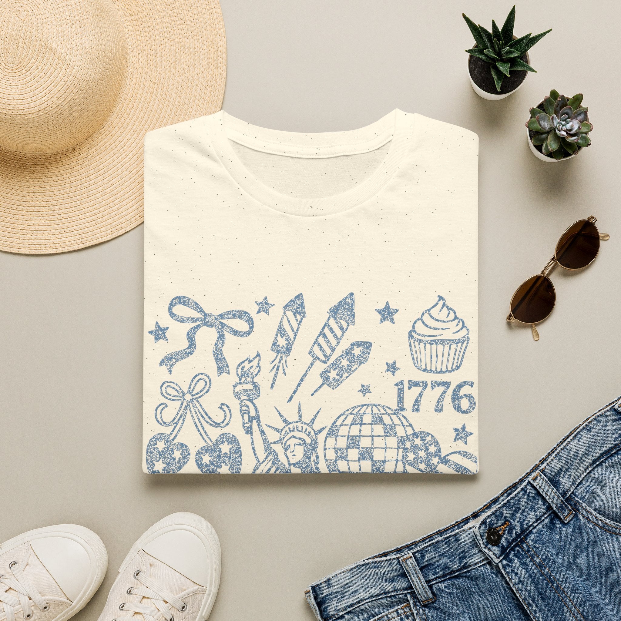 Patriotic USA Sketch T-Shirt — 1776 Liberty & Fireworks Design
